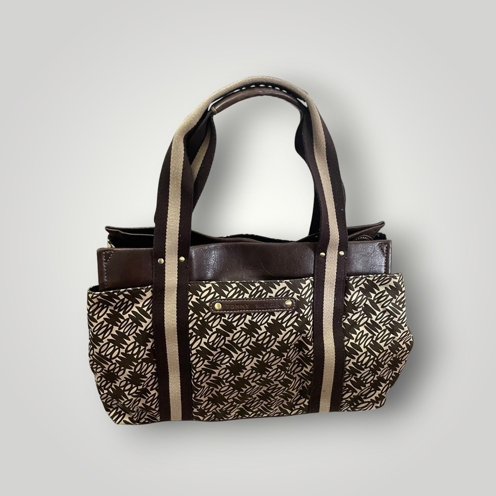Tommy Hilfiger Tote Bag Medium Brown Canvas Satchel Classic Designer Old Money - Picture 1 of 10